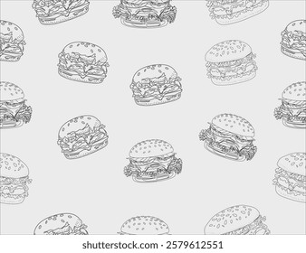 doodle burger pattern background. doodle fast food burger seamless pattern background. seamless pattern of hamburger in doodle style. Seamless Pattern of a Cheese Burger or Hamburger.