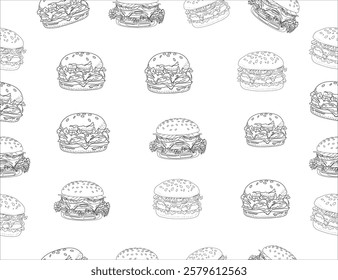 doodle burger pattern background. doodle fast food burger seamless pattern background. seamless pattern of hamburger in doodle style. Seamless Pattern of a Cheese Burger or Hamburger.