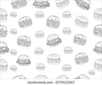 doodle burger pattern background. doodle fast food burger seamless pattern background. seamless pattern of hamburger in doodle style. Seamless Pattern of a Cheese Burger or Hamburger.