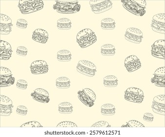 doodle burger pattern background. doodle fast food burger seamless pattern background. seamless pattern of hamburger in doodle style. Seamless Pattern of a Cheese Burger or Hamburger.