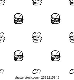 doodle burger pattern background. doodle fast food burger seamless pattern background. seamless pattern of burger in doodle style. Cheese Burger or hamburger pattern.