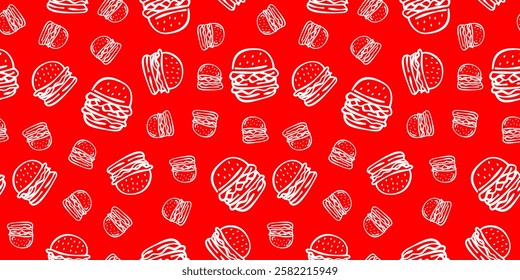 doodle burger pattern background. doodle fast food burger seamless pattern background. seamless pattern of burger in doodle style. Cheese Burger or hamburger pattern.