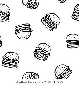 doodle burger pattern background. doodle fast food burger seamless pattern background. seamless pattern of burger in doodle style. Cheese Burger or hamburger pattern.