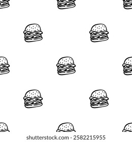 doodle burger pattern background. doodle fast food burger seamless pattern background. seamless pattern of burger in doodle style. Cheese Burger or hamburger pattern.