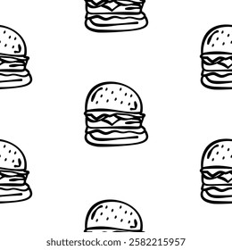 doodle burger pattern background. doodle fast food burger seamless pattern background. seamless pattern of burger in doodle style. Cheese Burger or hamburger pattern.