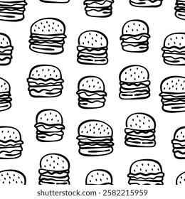 doodle burger pattern background. doodle fast food burger seamless pattern background. seamless pattern of burger in doodle style. Cheese Burger or hamburger pattern.