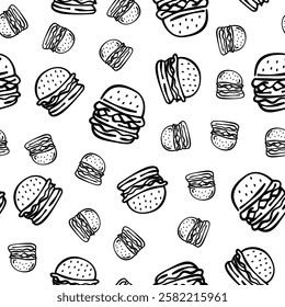 doodle burger pattern background. doodle fast food burger seamless pattern background. seamless pattern of burger in doodle style. Cheese Burger or hamburger pattern.