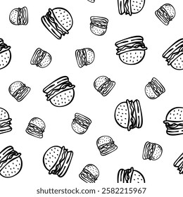 doodle burger pattern background. doodle fast food burger seamless pattern background. seamless pattern of burger in doodle style. Cheese Burger or hamburger pattern.