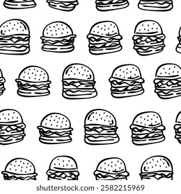 doodle burger pattern background. doodle fast food burger seamless pattern background. seamless pattern of burger in doodle style. Cheese Burger or hamburger pattern.