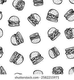 doodle burger pattern background. doodle fast food burger seamless pattern background. seamless pattern of burger in doodle style. Cheese Burger or hamburger pattern.