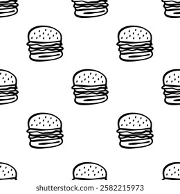 doodle burger pattern background. doodle fast food burger seamless pattern background. seamless pattern of burger in doodle style. Cheese Burger or hamburger pattern.