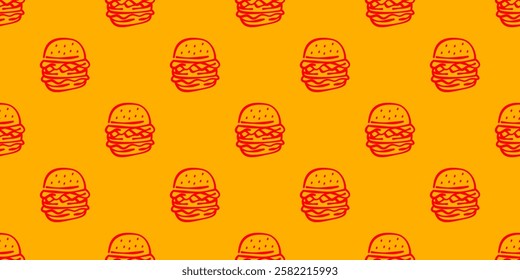 doodle burger pattern background. doodle fast food burger seamless pattern background. seamless pattern of burger in doodle style. Cheese Burger or hamburger pattern.