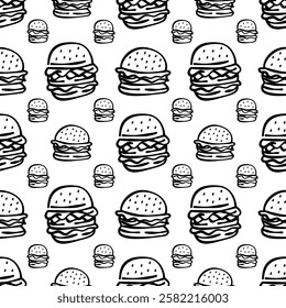 doodle burger pattern background. doodle fast food burger seamless pattern background. seamless pattern of burger in doodle style. Cheese Burger or hamburger pattern.