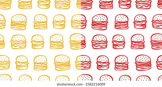 doodle burger pattern background. doodle fast food burger seamless pattern background. seamless pattern of burger in doodle style. Cheese Burger or hamburger pattern.