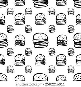 doodle burger pattern background. doodle fast food burger seamless pattern background. seamless pattern of burger in doodle style. Cheese Burger or hamburger pattern.