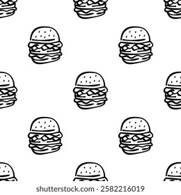 doodle burger pattern background. doodle fast food burger seamless pattern background. seamless pattern of burger in doodle style. Cheese Burger or hamburger pattern.