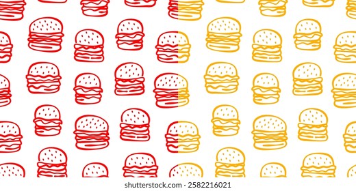 doodle burger pattern background. doodle fast food burger seamless pattern background. seamless pattern of burger in doodle style. Cheese Burger or hamburger pattern.