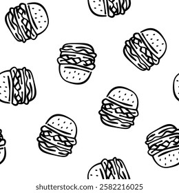 doodle burger pattern background. doodle fast food burger seamless pattern background. seamless pattern of burger in doodle style. Cheese Burger or hamburger pattern.