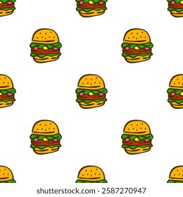 doodle burger pattern background. doodle fast food burger seamless pattern background. Seamless Pattern of a Cheese Burger or Hamburger. hamburger pattern.