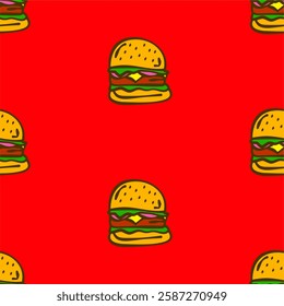 doodle burger pattern background. doodle fast food burger seamless pattern background. Seamless Pattern of a Cheese Burger or Hamburger. hamburger pattern.