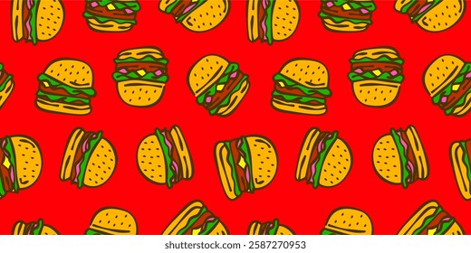 doodle burger pattern background. doodle fast food burger seamless pattern background. Seamless Pattern of a Cheese Burger or Hamburger. hamburger pattern.