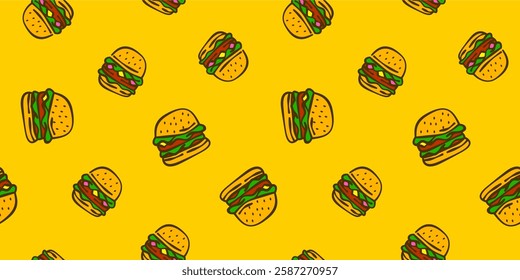 doodle burger pattern background. doodle fast food burger seamless pattern background. Seamless Pattern of a Cheese Burger or Hamburger. hamburger pattern.