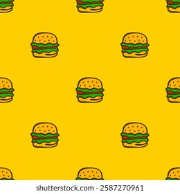 doodle burger pattern background. doodle fast food burger seamless pattern background. Seamless Pattern of a Cheese Burger or Hamburger. hamburger pattern.