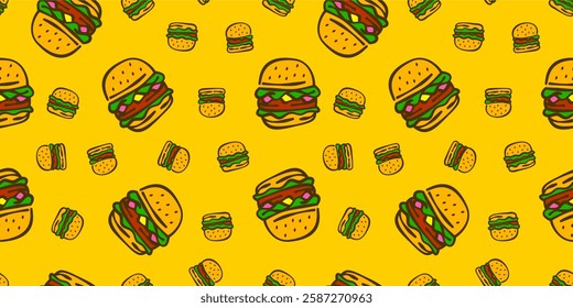 doodle burger pattern background. doodle fast food burger seamless pattern background. Seamless Pattern of a Cheese Burger or Hamburger. hamburger pattern.