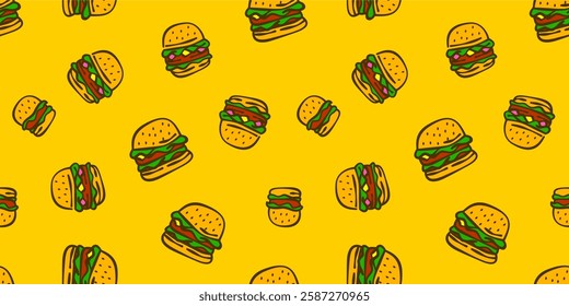 doodle burger pattern background. doodle fast food burger seamless pattern background. Seamless Pattern of a Cheese Burger or Hamburger. hamburger pattern.