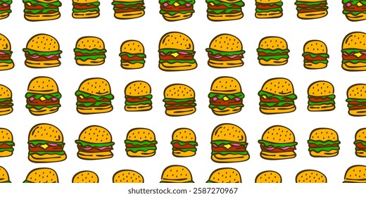 doodle burger pattern background. doodle fast food burger seamless pattern background. Seamless Pattern of a Cheese Burger or Hamburger. hamburger pattern.