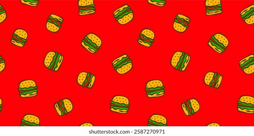 doodle burger pattern background. doodle fast food burger seamless pattern background. Seamless Pattern of a Cheese Burger or Hamburger. hamburger pattern.