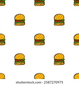 doodle burger pattern background. doodle fast food burger seamless pattern background. Seamless Pattern of a Cheese Burger or Hamburger. hamburger pattern.