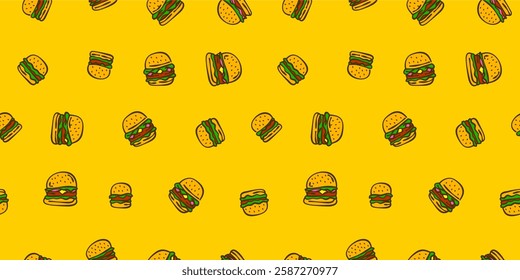 doodle burger pattern background. doodle fast food burger seamless pattern background. Seamless Pattern of a Cheese Burger or Hamburger. hamburger pattern.