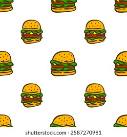 doodle burger pattern background. doodle fast food burger seamless pattern background. Seamless Pattern of a Cheese Burger or Hamburger. hamburger pattern.