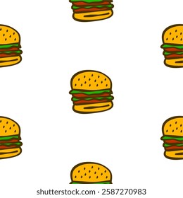 doodle burger pattern background. doodle fast food burger seamless pattern background. Seamless Pattern of a Cheese Burger or Hamburger. hamburger pattern.