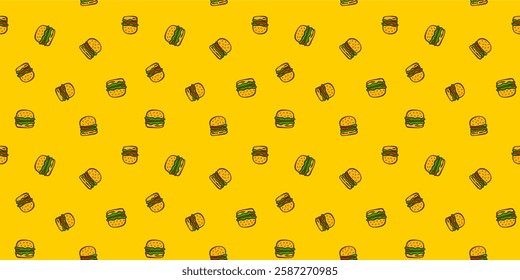 doodle burger pattern background. doodle fast food burger seamless pattern background. Seamless Pattern of a Cheese Burger or Hamburger. hamburger pattern.