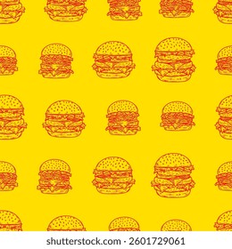 doodle burger pattern background. doodle fast food burger seamless pattern background. Cheese Burger or hamburger pattern.