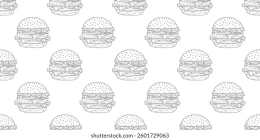 doodle burger pattern background. doodle fast food burger seamless pattern background. Cheese Burger or hamburger pattern.