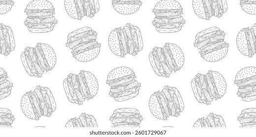 doodle burger pattern background. doodle fast food burger seamless pattern background. Cheese Burger or hamburger pattern.