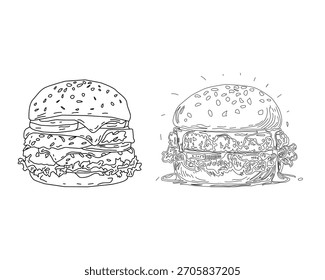 plano de fundo padrão de hambúrguer de doodle. plano de fundo padrão sem emenda de hambúrguer de fast food doodle. padrão sem emenda de hambúrguer em estilo de doodle. Padrão sem emenda de um hambúrguer ou hambúrguer de queijo