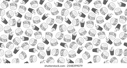 plano de fundo padrão de hambúrguer de doodle. padrão de hambúrguer. rabiscar hambúrguer de fast food plano de fundo padrão sem costura. padrão sem costura de hambúrguer no estilo de doodle. Queijo hambúrguer ou hambúrguer.