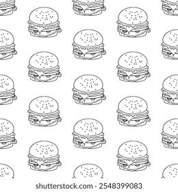 plano de fundo padrão de hambúrguer de doodle. padrão de hambúrguer. rabiscar hambúrguer de fast food plano de fundo padrão sem costura. padrão sem costura de hambúrguer no estilo de doodle. Queijo hambúrguer ou hambúrguer.