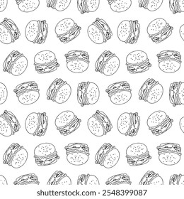 plano de fundo padrão de hambúrguer de doodle. padrão de hambúrguer. rabiscar hambúrguer de fast food plano de fundo padrão sem costura. padrão sem costura de hambúrguer no estilo de doodle. Queijo hambúrguer ou hambúrguer.