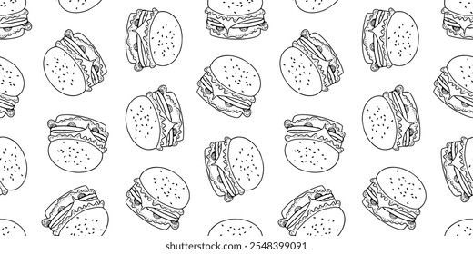 plano de fundo padrão de hambúrguer de doodle. padrão de hambúrguer. rabiscar hambúrguer de fast food plano de fundo padrão sem costura. padrão sem costura de hambúrguer no estilo de doodle. Queijo hambúrguer ou hambúrguer.