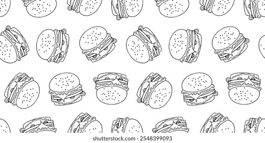 plano de fundo padrão de hambúrguer de doodle. padrão de hambúrguer. rabiscar hambúrguer de fast food plano de fundo padrão sem costura. padrão sem costura de hambúrguer no estilo de doodle. Queijo hambúrguer ou hambúrguer.