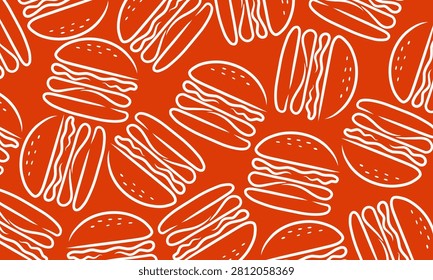 Doodle Burger Pattern. Hand Drawn Fast Food Illustration. Cheeseburger Repeating Background. Minimal Doodle Vector Texture Hamburger pattern