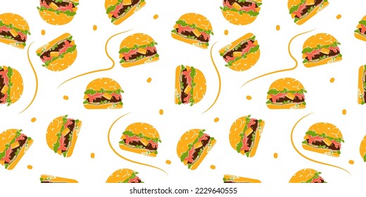 Doodle burger seamless pattern background. junk food background