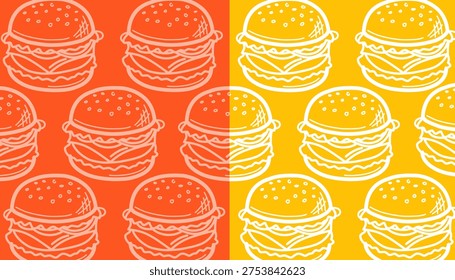 Doodle Burger Seamless Pattern. Hand Drawn Fast Food Illustration. Cheeseburger Repeating Background. Minimal Doodle Vector Texture.
