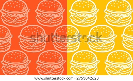 Doodle Burger Seamless Pattern. Hand Drawn Fast Food Illustration. Cheeseburger Repeating Background. Minimal Doodle Vector Texture.