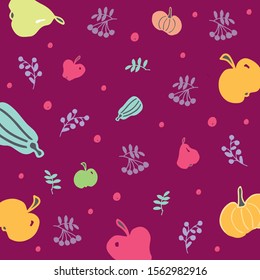 Doodle burgundy background with pears, apples, pumpkins, zucchini, berries and leaves.
